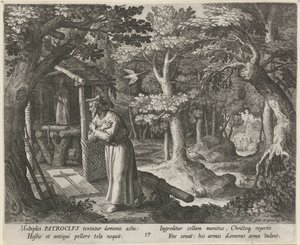 Święty Patroklos z Neris jako pustelnik Cnotliwe życie pustelników (tytuł serii) Trophaeum vitae solitariae (tytuł serii) autorstwa Raphaël Sadeler (I)