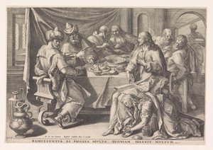 Maria Magdalena myje stopy Chrystusa autorstwa Raphaël Sadeler (I)
