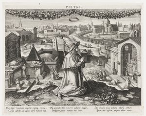Pietas jako uosobienie pobożności Piety (tytuł na obiekcie) Główne działania księcia (tytuł serii) Schemat, seu speculum principum (tytuł serii) autorstwa Raphaël Sadeler (I)