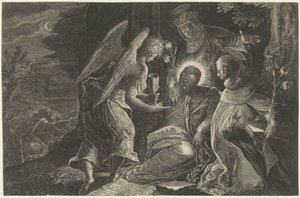 Chrystus jest pocieszany w Getsemani przez anioła, św. Dominika i św. Katarzynę ze Sieny Lustro posłuszeństwa Perfectissimvm Obedientiae Specvlvm (tytuł na obiekcie) Zwierciadła posłuszeństwa, czystości i ubóstwa (tytuł serii) autorstwa Raphaël Sadeler (II)