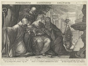 Święta Rodzina ze św. Benedyktem i św. Scholastyką Lustro czystości Pvrissimvm Castitatis Specvlvm (tytuł na obiekcie) Zwierciadła posłuszeństwa, czystości i ubóstwa (tytuł serii) autorstwa Raphaël Sadeler (II)