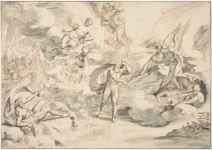 Aeolus posłuszny komendzie Junosa, aby stworzyć burzę, c.1683-84 (pióro i atrament z praniem na papierze)