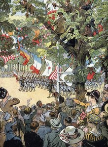 Pierwsza wojna światowa: defilada zwycięstwa na Avenue des Champs-Elysees w Paryżu 14/07/1919: Żołnierze francuskiej marynarki wojennej podziwiani przez tłum paryżan - (I wojna światowa: defilada zwycięstwa na al. Champs Elysees autorstwa Raymond de la Neziere