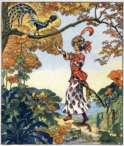 Parizade podbiegł do ptaka i położył na nim rękę: ilustracja do baśni "Aladyn albo cudowna lampa" w "Arabskich nocach".