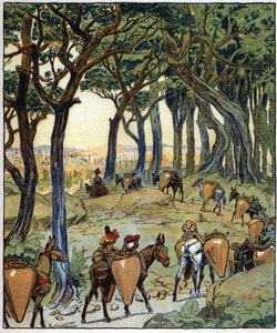 Cała karawana udała się w drogę do miasta: ilustracja do baśni "Aladyn albo cudowna lampa" w "Arabskich nocach". autorstwa Raymond de la Neziere