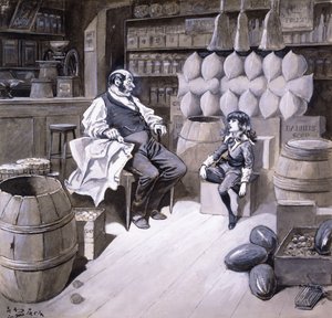 Panie Hobbs – powiedział Cedric – hrabia siedzi teraz na tym pudełku!, ilustracja do „Little Lord Fauntleroy” Frances Hodgson Burnett
