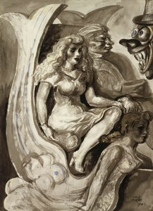 Jeźdźcy w łodzi z syrenim tunelem: Dwustronna akwarela autorstwa Reginald Marsh