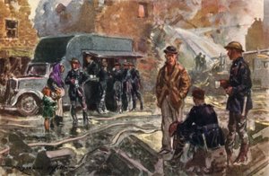 Strażacy z brytyjskiej Narodowej Straży Pożarnej z czasów wojny korzystający z mobilnej stołówki podczas Blitz podczas II wojny światowej