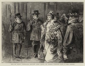 Po Salonie Jej Królewskiej Mości, Debiutantki przechodzące przez westybul Pałacu Buckingham do swoich powozów (rycina) autorstwa Reginald Thomas Cleaver