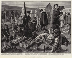 Dzień Zaduszny na włoskim cmentarzu, dekorowanie grobów (litografia) autorstwa Reginald Thomas Cleaver