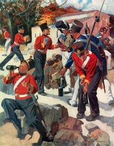 Entente Cordiale - angielskie i francuskie oddziały dzielące się prezentami podczas kampanii Wellingtona na Półwyspie Apenińskim (kolorowa litografia) autorstwa Reginald Thomas Cleaver