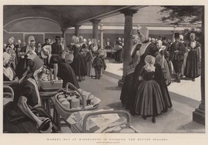 Dzień targowy w Middelburgu w Holandii, sprzedawcy masła (litografia) autorstwa Reginald Thomas Cleaver