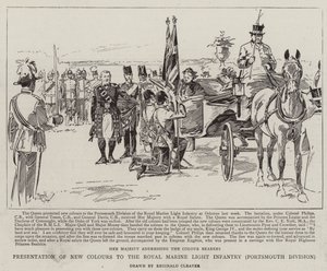 Prezentacja nowych barw dla Królewskiej Lekkiej Piechoty Morskiej, Dywizja Portsmouth (litografia) autorstwa Reginald Thomas Cleaver