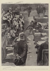 Książę Devonshire przemawiający w Izbie Lordów na temat ustawy o radach parafialnych (grawerunek) autorstwa Reginald Thomas Cleaver