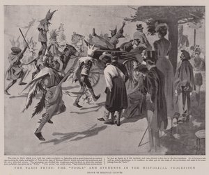 Paryska feta, "głupcy" i studenci w historycznym pochodzie (litografia)