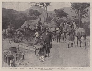 Królowa w Cimiez, Jej Wysokość pijąca herbatę przy drodze podczas popołudniowej przejażdżki do Falicon (litografia) autorstwa Reginald Thomas Cleaver
