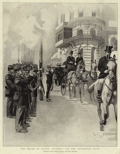 Królowa w Cimiez, rozpoczynająca popołudniową przejażdżkę (litografia) autorstwa Reginald Thomas Cleaver