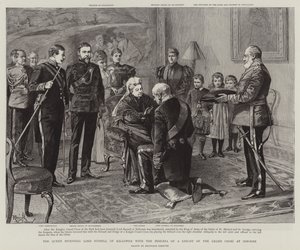 Królowa inwestująca Lorda Russella z Killowen z insygniami Rycerza Wielkiego Krzyża w Osborne (rycina)