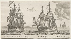 Statki Amsterdamu: Perła i East Indiaman, The Double Eagle, West Indiaman. autorstwa Reinier Nooms