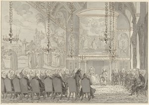 Przyjęcie księcia Wilhelma V i Wilhelminy pruskiej w Sali Rady Ratusza Amsterdamu autorstwa Reinier Vinkeles (I)