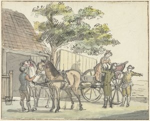 Wagon z dwoma końmi w restauracji De Donkere Kuil niedaleko Haarlem autorstwa Reinier Vinkeles (I)