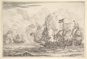 Spotkanie morskie z trzema okrętami po prawej stronie, z bitew morskich Nieuwe Scheeps Bat..., 1652-54. autorstwa Reinier Zeeman