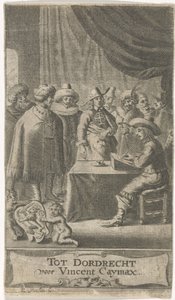 Kupiec przy biurku Strona tytułowa dla: J. van der Does e.a., Verscheyde voyagien, ofte reysen, 1652 autorstwa Reinier van Persijn