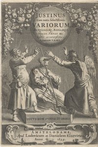 Minerva en twee geketende figuren Tytuł strony voor: A. Thysius, Justinus cum notis selectissimis variorum Berneggerj, Bongarsy, Vossy, Thysy, itd., 1659