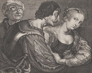 Zaopatrzenie: staruszka, żołnierz i kobieta, ok. 6 tys. 1635-68. autorstwa Reinier van Persyn