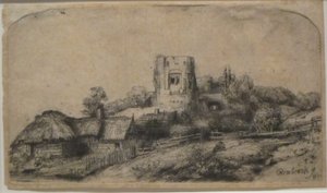 Krajobraz z kwadratową wieżą autorstwa Rembrandt