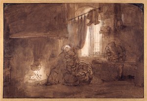 Święta Rodzina w Stolarni (pióro i tusz z wash na papierze) autorstwa Rembrandt Harmensz. van Rijn (school of)
