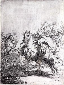 Walka kawalerii (pióro i atrament na papierze) autorstwa Rembrandt Harmensz. van Rijn