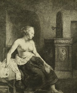 Kobieta siedząca na wpół ubrana przy piecu, 1658 r autorstwa Rembrandt van Rijn