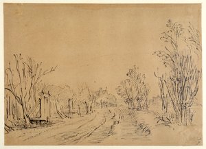 Główna droga prowadząca do domu przez drzewa (dwa mosty i bramy dojazdowe do dijka) (pióro i atrament na brązowym papierze) autorstwa Rembrandt Harmensz. van Rijn