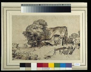 Domek kryty strzechą przy dużym drzewie, postać siedząca na zewnątrz, ok. 1648-52 (pióro i atrament na papierze) autorstwa Rembrandt Harmensz. van Rijn