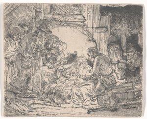 Adoracja pasterzy z lampą, ok. 1654 (akwaforta) autorstwa Rembrandt van Rijn