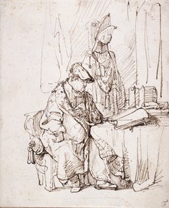 Aktor w swojej garderobie (długopis i brązowy tusz na białym papierze) autorstwa Rembrandt Harmensz. van Rijn