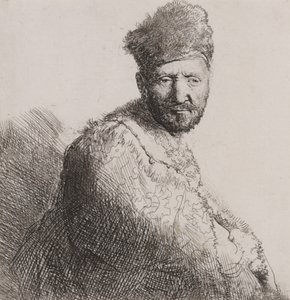 Brodaty mężczyzna w futrzanej orientalnej czapce i szacie autorstwa Rembrandt van Rijn