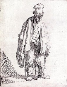 Żebrak w wysokiej czapce stojący (pióro i atrament na papierze) autorstwa Rembrandt Harmensz. van Rijn