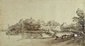 Zakręt w Amstel w pobliżu Kostverloren House, początek lat 50. XVI wieku (pióro i tusz z wash & bodycolour na papierze) autorstwa Rembrandt Harmensz. van Rijn