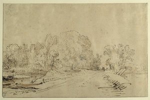 Kanał z łodziami, groblą i drzewami (pióro trzcinowe i atrament z praniem na papierze) autorstwa Rembrandt Harmensz. van Rijn