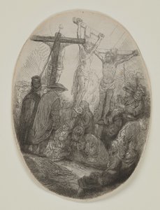 Chrystus ukrzyżowany między dwoma złodziejami: owalna płyta, ok. 1641 (akwaforta i sucha igła) autorstwa Rembrandt van Rijn