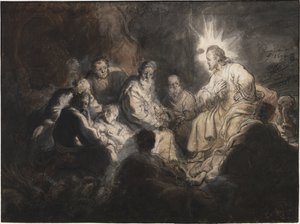 Chrystus i jego uczniowie w ogrodzie Getsemani — Rembrandt van Rhijn (1606-1669). Pióro, pędzel, kolor szaro-brązowy, akwarela na papierze, ok. 1634. Wymiar: 35,7x47,8 cm. Muzeum Teylers, Haarlem autorstwa Rembrandt Harmensz. van Rijn