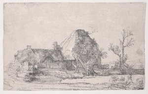 Chata i budynki gospodarcze z rysunkiem człowieka, ok. 1645 (akwaforta) autorstwa Rembrandt van Rijn