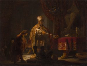Daniel i Cyrus przed bożkiem Bel autorstwa Rembrandt van Rijn