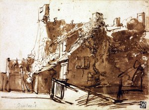 Farmhouse in Sunlight - Rembrandt van Rhijn (1606-1669) - 1635-1636 - Pióro, pędzel, brązowy kolor na papierze - 16,4x22,3 cm - Muzeum Szepmuveszeti, Budapeszt autorstwa Rembrandt Harmensz. van Rijn