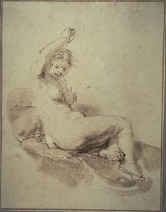 Akt kobiecy leżący z podniesioną ręką, ok. 1665 r. (pióro i brązowy tusz oraz pędzel i brązowe pranie, na jasnobrązowym papierze)