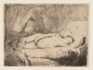 Jowisz i Antiope: Mniejsza płyta, ok. 1631 r. (akwaforta na polerowanym papierze) autorstwa Rembrandt Harmensz. van Rijn