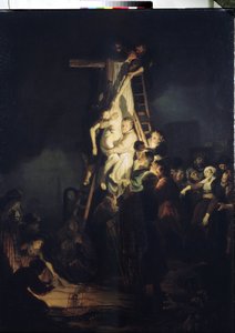 Zejście z krzyża (osadzanie). Zdjęcie z krzyża. Wśród postaci otaczających ciało Jezusa Chrystusa: Maryja Panna, św. Nikodem i św. Józef z Arymatei. Obraz Harmenszoon van Rijn znany jako Rembrandt (1606-1669)