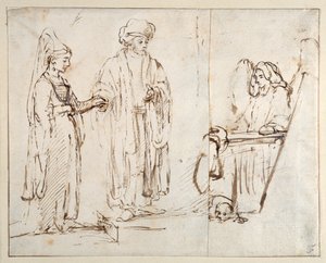 Laban przynosi Leę do Jakuba, z Jakubem pokrytym fragmentem innego rysunku; anioł z psem leżącym u jego stóp autorstwa Rembrandt Harmensz. van Rijn
